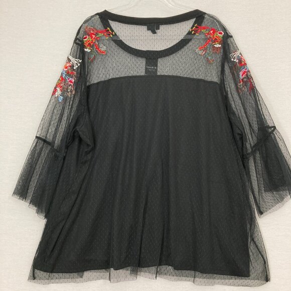 New Torrid Black Mesh Floral Embroidered Flare Sleeve Feminine Top 4X Whimsigoth - Picture 11 of 12